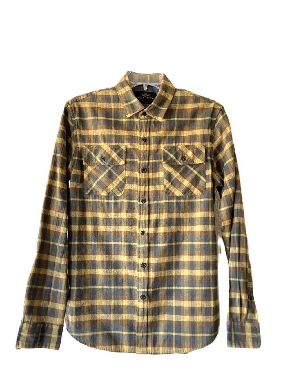 MBX Men's S Flannel Shirt Mustard Yellow Grey Brown Medium Weight Plaid